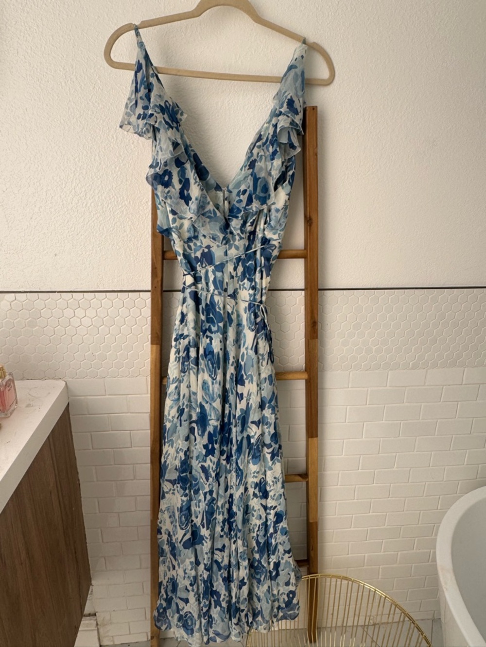 Polo by Ralph Lauren Blue & White Floral V-Neck Maxi Dress- silk - Picture 13 of 13